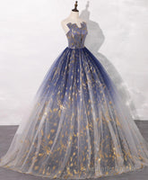 Blue A line Tulle Lace Long Prom Dress, Tulle Formal Blue Graduation Dresses